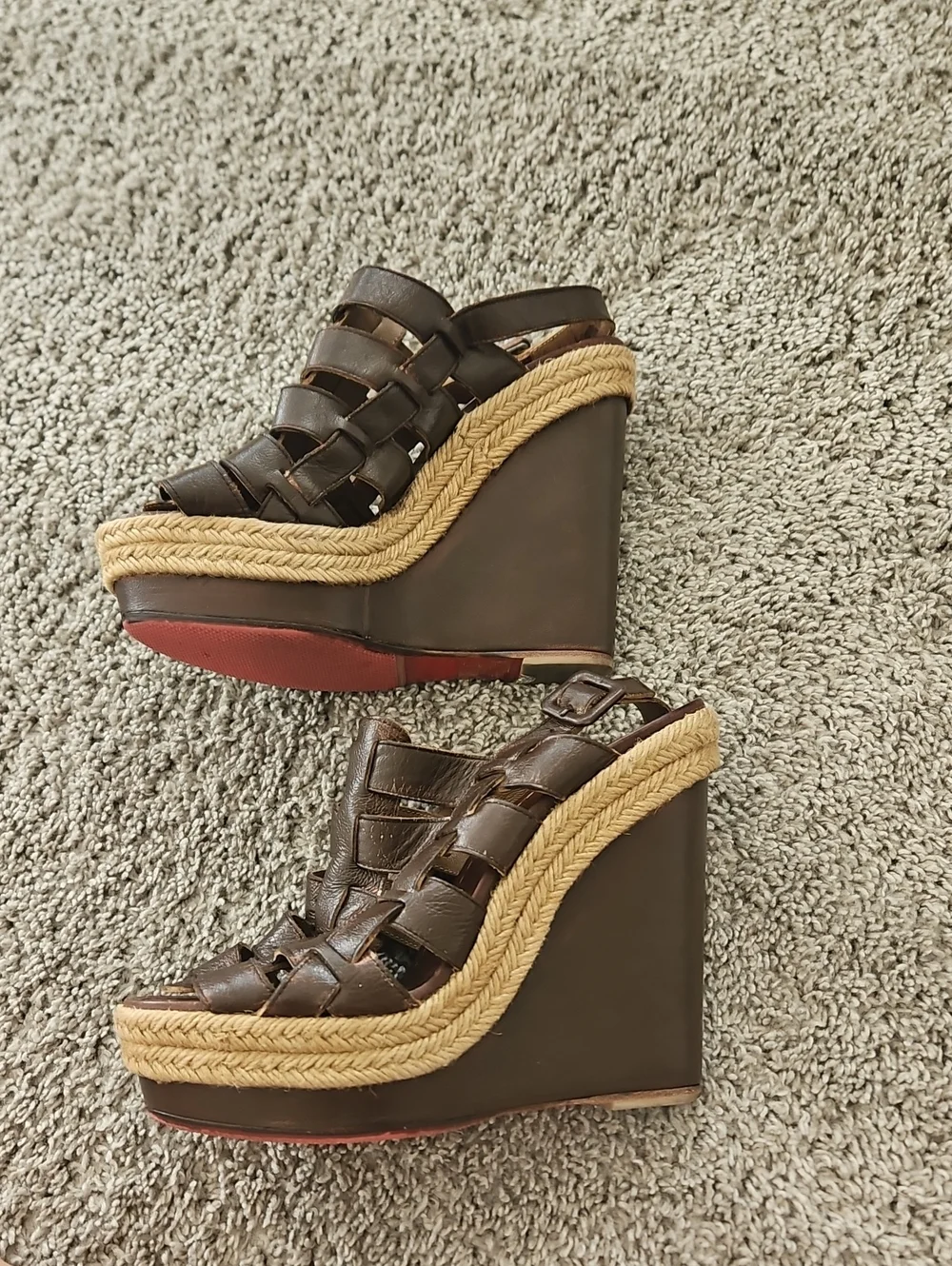 Christian Louboutin Brown Woven Leather Wedge Sandals 37